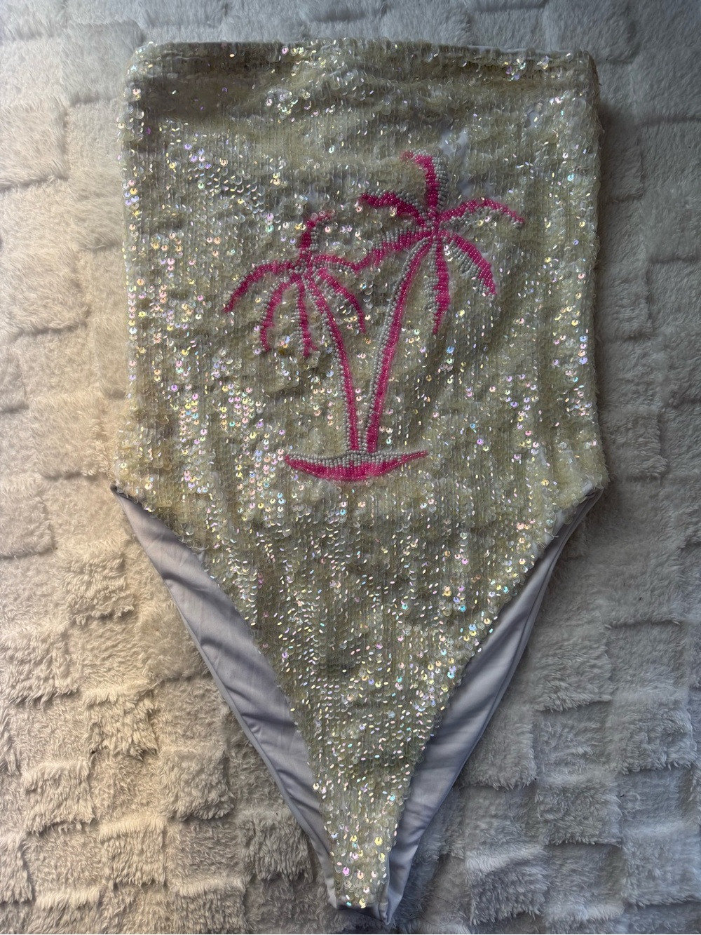 Oceanus Sequin Palm One-Piece Swimsuit - Pink Palm on Champagne size M